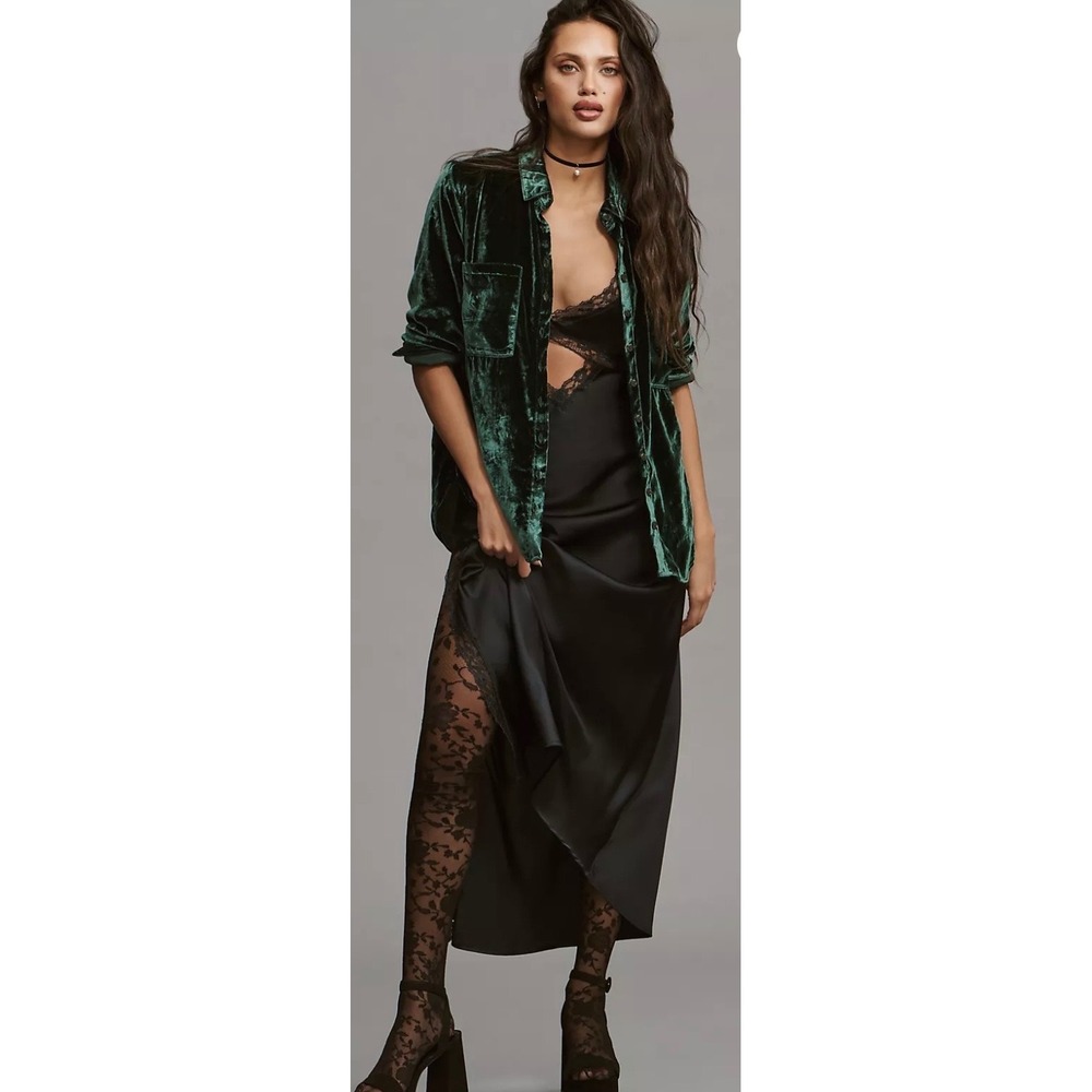Pilcro Anthropologie Green Velvet Relaxed Button Down Hadley Shirt Small - Picture 2 of 10